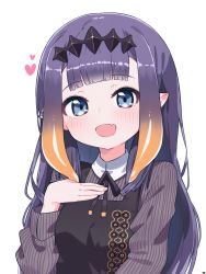Rule 34 | 1girl, :d, apron, black apron, blue eyes, blush, brown hair, collared dress, commentary, dress, fang, gradient hair, hand up, heart, highres, hololive, hololive english, long hair, long sleeves, looking at viewer, multicolored hair, ninomae ina&#039;nis, ninomae ina&#039;nis (casual), open mouth, pointy ears, puffy long sleeves, puffy sleeves, purple hair, simple background, smile, solo, striped clothes, striped dress, tosyeo, upper body, vertical-striped clothes, vertical-striped dress, very long hair, virtual youtuber, white background