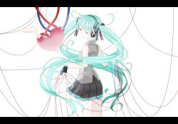 Rule 34 | 1girl, aqua hair, cable, closed eyes, fingerless gloves, from behind, gloves, hatsune miku, heart, ituka, letterboxed, long hair, looking back, notsuki miko, skirt, smile, solo, twintails, very long hair, vocaloid