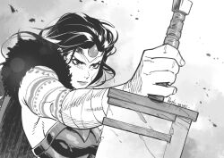 arm_tattoo bandaged_arm bandages cape dc_comics greyscale monochrome simple_background sword tattoo weapon wonder_woman