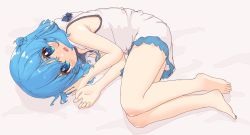 Rule 34 | 1girl, absurdres, aoi tori, bare arms, bare legs, bare shoulders, barefoot, blue bow, blue eyes, blue hair, blush, blush stickers, bow, commentary request, dress, fang, feet, hair between eyes, highres, looking at viewer, lying, medium hair, on side, original, shadow, sidelocks, simple background, skin fang, sleeveless, solo, teru-chan (aoi tori), toes, white background, white dress