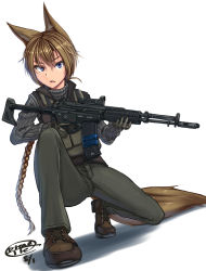 Rule 34 | 1girl, animal ears, artist name, assault rifle, bad id, bad pixiv id, blue eyes, braid, brown hair, dated, dreadtie, gloves, gun, highres, holding, holding gun, holding weapon, load bearing vest, long hair, looking at viewer, original, ponytail, rifle, shadow, simple background, single braid, solo, sweater, tail, trigger discipline, weapon, white background