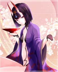 Rule 34 | 1girl, bridal gauntlets, brown eyes, choker, cimeri, cup, fate/grand order, fate (series), flat chest, floral background, holding, holding cup, horns, japanese clothes, kimono, looking at viewer, open clothes, open kimono, purple hair, purple kimono, sakazuki, short hair, shuten douji (fate), sitting, smile, solo