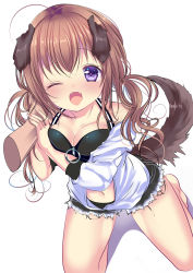 Rule 34 | 1girl, ;d, ahoge, animal ears, bad id, bad pixiv id, bare legs, bare shoulders, barefoot, black shorts, blush, breasts, brown hair, cleavage, collarbone, crop top, dog ears, dog girl, dog tail, fangs, fingernails, hair between eyes, hand on another&#039;s cheek, hand on another&#039;s face, haruta (806060), heart, highres, jacket, kneeling, long hair, looking at viewer, medium breasts, midriff, navel, official art, one eye closed, open mouth, original, out of frame, personification, purple eyes, shadow, short shorts, shorts, smile, solo focus, tail, tail raised, white jacket