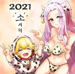 Rule 34 | 2021, 2girls, absurdres, animal ears, animal print, archangel gabriel (guardian tales), bare shoulders, bell, bikini, blonde hair, breasts, brown eyes, chinese zodiac, closed eyes, cow print, eyes visible through hair, fake animal ears, fake horns, guardian tales, highres, hiroikara (smhong04), horns, little princess (guardian tales), long hair, looking at viewer, medium breasts, multiple girls, open mouth, pink hair, smile, swimsuit, v, year of the ox