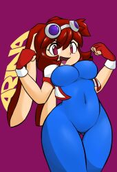 Rule 34 | 1girl, animal ears, blue unitard, bob cut, brown hair, character name, clenched hands, commentary, covered erect nipples, covered navel, cowboy shot, cropped jacket, english commentary, fingerless gloves, gloves, gluteal fold, hidden-cat, highres, jacket, looking at viewer, makihara arina, open clothes, open jacket, purple background, rabbit ears, short hair, simple background, skin tight, solo, thick thighs, thighs, v-shaped eyebrows, waku waku 7, white jacket, wide hips