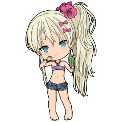 Rule 34 | 1girl, bandeau, bare legs, bare shoulders, barefoot, bikini, blonde hair, blue eyes, blush, bow, cup, denim, denim shorts, drinking glass, drinking straw, flower, full body, grecale (kancolle), grin, hair bow, hair flower, hair ornament, halterneck, jewelry, kantai collection, long hair, multicolored bandeau, nail polish, navel, necklace, no shirt, one-take, pink bow, short shorts, shorts, side ponytail, smile, solo, standing, stomach, swimsuit, turret