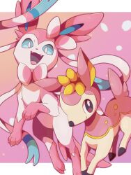 Rule 34 | animal focus, blue sclera, bow, bright pupils, claws, closed mouth, colored sclera, creatures (company), deer, deerling, deerling (spring), flower, game freak, gen 5 pokemon, gen 6 pokemon, hooves, kechon-san, nintendo, open mouth, pokemon, pokemon (creature), ribbon, smile, sylveon, white pupils
