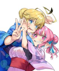 Rule 34 | + +, 2girls, ahoge, ahoge grab, animal print, aqua eyes, bat print, black sash, blonde hair, blue eyes, blue hair, blue kimono, blush, breasts, clenched teeth, commentary request, fang, finger in another&#039;s mouth, fingernails, floral print, hair between eyes, hair bun, hair intakes, highres, japanese clothes, jeanne (kanan-sama), kanan-sama wa akumade choroi, kanan (kanan-sama), kimono, lace trim, large breasts, light blue hair, looking at viewer, multicolored eyes, multicolored hair, multiple girls, nail polish, nonco, official art, pink eyes, pink hair, pink kimono, pink nails, pointy ears, print kimono, red sash, sash, short sleeves, simple background, slit pupils, sweat, teeth, two-tone hair, upper teeth only, w, white background