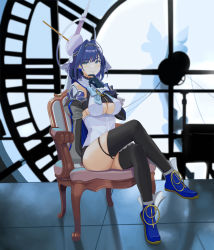 Rule 34 | 1girl, absurdres, armchair, black gloves, black skirt, black thighhighs, blue cape, blue eyes, blue footwear, blue hair, bow, bow earrings, breasts, cape, chain, chain headband, chair, cleavage cutout, clock, clock hands, clothing cutout, crossed legs, detached sleeves, earrings, full body, gloves, hair intakes, halo, hand on own chin, head chain, highres, hololive, hololive english, jewelry, large breasts, looking at viewer, mechanical halo, miniskirt, ouro kronii, ouro kronii (1st costume), quatthro, ribbon earrings, shirt, short hair, sitting, skirt, sleeveless, sleeveless shirt, solo, striped, thighhighs, thighs, underboob cutout, vertical stripes, virtual youtuber