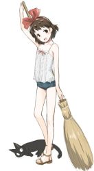 Rule 34 | 1girl, :d, alternate costume, animal, arm up, bare arms, bare legs, bare shoulders, black cat, bow, broom, brown eyes, brown footwear, brown hair, casual, cat, commentary, frilled shirt, frills, full body, hair bow, hairband, jiji (majo no takkyuubin), kiki (majo no takkyuubin), kokekokko coma, looking at viewer, majo no takkyuubin, micro shorts, open mouth, red bow, red hairband, sandals, shirt, short hair, shorts, simple background, smile, solo, standing, white background, white shirt