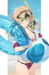 Rule 34 | 10s, 1girl, ;), adapted costume, aqua eyes, ball, beachball, bikini, bikini under clothes, blonde hair, blush, breasts, cleavage, collarbone, cowboy shot, from above, goggles, goggles on head, halterneck, hayashi kewi, innertube, jacket, kantai collection, lens flare, looking at viewer, low twintails, ocean, one eye closed, prinz eugen (kancolle), sand, short sleeves, smile, snorkel, solo, swim ring, swimsuit, swimsuit under clothes, twintails, upper body, water, waves