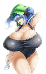Rule 34 | 1girl, 2b-ge, blue eyes, blue hair, breasts, cap, competition swimsuit, cucumber, gigantic breasts, highres, kappa, kawashiro nitori, one-piece swimsuit, school swimsuit, solo, swimsuit, thick thighs, thighs, touhou, wrench