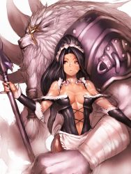 Rule 34 | 1boy, 1girl, apron, armor, bare shoulders, black hair, breasts, breasts apart, center opening, cleavage, detached sleeves, facial mark, forehead mark, french maid nidalee, fumio (rsqkr), league of legends, lips, maid, maid apron, maid headdress, nidalee, polearm, ponytail, red eyes, rengar, scar, spear, weapon