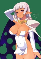 Rule 34 | 1girl, arcana heart, arm behind head, armpits, blush, breasts, cleavage, covered navel, elf, grey hair, heart, heart-shaped pupils, highres, large breasts, legs, long hair, nalia, no bra, parace l&#039;sia, pointy ears, purple eyes, smile, solo, symbol-shaped pupils, thighs