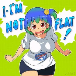 Rule 34 | 1girl, angry, animated, bike shorts, black shorts, blue hair, blush, bouncing breasts, breasts, earth-chan, english text, green background, hair ornament, hataraki ari, looking at viewer, multicolored hair, no eyebrows, one side up, open mouth, original, red eyes, shirt, short shorts, short sleeves, shorts, solo, two-tone hair, ugoira, video, white shirt, wide hips