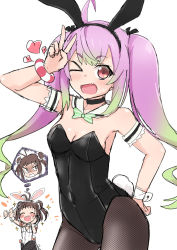 Rule 34 | &gt; o, 2girls, ahoge, alternate costume, animal ears, antenna hair, black choker, black leotard, blush, breasts, brown hair, choker, cleavage, closed eyes, double bun, fake animal ears, fake tail, fang, fishnet legwear, fishnets, gradient hair, green hair, hair bun, hand on own hip, heart, junes, kantai collection, leotard, long hair, momo (kancolle), multicolored hair, multiple girls, naka (kancolle), one eye closed, open mouth, pantyhose, pink eyes, pink hair, playboy bunny, rabbit ears, rabbit tail, shaded face, side ponytail, simple background, skin fang, small breasts, sparkle, sweat, tail, twintails, v, very long hair, waving, white background, white leotard, wrist cuffs