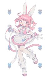 Rule 34 | 1girl, :o, ahoge, animal ear fluff, animal ears, apron, bandaid, bandaid on knee, bandaid on leg, blunt bangs, blush, bow, bowtie, buttons, daizu (melon-lemon), dress, full body, glove bow, gloves, hair bobbles, hair ornament, heart, heart ahoge, highres, holding, holding microphone, idol, idol clothes, long hair, looking at viewer, loose socks, microphone, name tag, open mouth, original, pink bow, pink dress, pink eyes, pink hair, pink ribbon, pom pom (clothes), puffy short sleeves, puffy sleeves, rabbit ears, rabbit girl, ribbon, shoes, short dress, short sleeves, simple background, socks, solo, standing, standing on one leg, sweat, two-sided fabric, two side up, uwabaki, v, white apron, white background, white bow, white bowtie, white footwear, white gloves, white ribbon, white sleeves, white socks