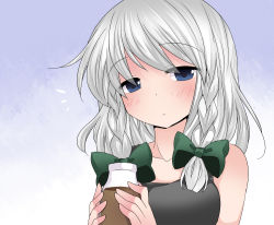 Rule 34 | 1girl, bare shoulders, blue eyes, blush, bottle, braid, commentary request, hair ribbon, hammer (sunset beach), izayoi sakuya, looking at viewer, no headwear, ribbon, short hair, silver hair, solo, tank top, touhou, twin braids, upper body