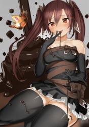 Rule 34 | 1girl, bare shoulders, black thighhighs, blush, bow, brown eyes, brown hair, ccaw, chocolate, collarbone, cowboy shot, cream, crown, elbow gloves, gloves, hair between eyes, highres, naughty face, original, shiny clothes, shiny skin, short hair with long locks, skindentation, solo, tareme, thighhighs, tongue, tongue out, twintails, zettai ryouiki
