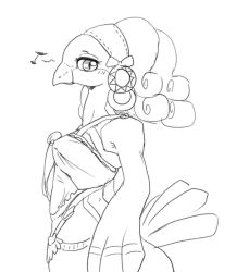 Rule 34 | 1girl, bare shoulders, beak, bird tail, blush, breasts, closed mouth, earrings, female focus, from side, furry, furry female, greyscale, hairband, happy, hoop earrings, jewelry, jpeg artifacts, light blush, looking at viewer, looking to the side, monochrome, musical note, nintendo, nousen, profile, saki (zelda), shirt, short hair, simple background, sketch, sleeveless, sleeveless shirt, small breasts, solo, spoken musical note, standing, tail, the legend of zelda, the legend of zelda: breath of the wild, white background, wings