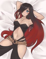 Rule 34 | 1girl, ?, armpits, arms behind head, arms up, bed sheet, belt, black hair, black pants, blue eyes, blush, chest tattoo, clothing cutout, commentary, cowboy shot, crow (gravity daze), gradient hair, gravity daze, highres, hip vent, leggings, long hair, looking at viewer, multicolored hair, navel, pants, purrlucii, red hair, solo, stomach, stomach cutout, strapless, tattoo, very long hair