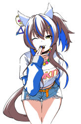 Rule 34 | 1girl, absurdres, animal ears, arm behind back, bead necklace, beads, belt, blue hair, blue shorts, blue sweater, brown hair, candy, chocolate, chocolate heart, closed mouth, cowboy shot, crop top, cutoffs, daitaku helios (umamusume), denim, denim shorts, ear covers, food, hair ornament, hairclip, hand up, heart, highres, holding, holding food, horse ears, horse girl, horse tail, jewelry, kuroneko (kuroneko3zizi), long hair, looking at viewer, midriff, multicolored nails, necklace, shirt, shorts, side ponytail, simple background, solo, sweater, tail, torn clothes, torn shorts, umamusume, valentine, white background, white shirt, yellow eyes