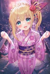 Rule 34 | 1girl, :3, akabane (zebrasmise), asymmetrical hair, blush, bow, braid, commentary request, earrings, evening, flower earrings, french braid, from above, hair bow, hair ornament, head tilt, highres, japanese clothes, jewelry, kanzashi, kimono, kinchaku, long sleeves, looking at viewer, mononobe alice, nijisanji, obi, obijime, open mouth, outdoors, pink bow, pink kimono, pouch, sash, side ponytail, smile, solo, stone walkway, virtual youtuber, wide sleeves, yukata