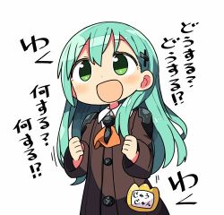 Rule 34 | 10s, 1girl, :d, ascot, blazer, blush, brown jacket, buttons, chibi, clenched hands, collared shirt, eyebrows, green eyes, green hair, hair ornament, hairclip, jacket, kanikama, kantai collection, long hair, long sleeves, lowres, matching hair/eyes, motion lines, name tag, open mouth, orange ascot, shirt, shoulder pads, simple background, smile, solo, suzuya (kancolle), tareme, text focus, translation request, upper body, very long hair, white background, white shirt, wing collar