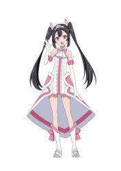 Rule 34 | 1girl, :o, absurdres, ascot, bare shoulders, black hair, blue brooch, blush, boots, bow, bowtie, center frills, dress, egao no daika, elbow gloves, footwear ribbon, frilled dress, frills, full body, gloves, heart-shaped gem, highres, looking at viewer, nakamura naoto, official art, overskirt, pink eyes, pink neckwear, pink ribbon, ribbon, round teeth, short dress, simple background, skirt, sleeveless, sleeveless dress, smile, solo, strapless, strapless dress, teeth, tiata, tongue, twintails, upper teeth only, waving, white background, white dress, white footwear, white frills, white gloves, white neckwear, white skirt, yuuki soleil