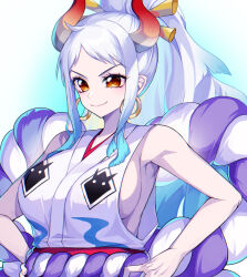 Rule 34 | 1girl, absurdres, aqua hair, breasts, commentary request, crazy otama, earrings, eyelashes, gradient hair, hair ornament, happy, highres, horns, japanese clothes, jewelry, large breasts, long hair, multicolored hair, one piece, orange eyes, ponytail, smile, solo, standing, white hair, yamato (one piece)