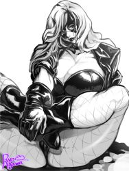 Rule 34 | 1girl, agawa ryou, animification, artist name, bad id, bad tumblr id, black canary, black gloves, boots, breasts, cleavage, dc comics, female focus, fishnet pantyhose, fishnets, gloves, greyscale, huge breasts, jacket, justice league, leather, leather jacket, legs, leotard, lips, lipstick, long hair, makeup, mask, mature female, md5 mismatch, messy hair, monochrome, nose, open clothes, open jacket, pantyhose, resolution mismatch, simple background, sitting, sleeves rolled up, solo, source smaller, superhero costume, white background