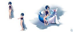 Rule 34 | 1girl, absurdres, barefoot, blue eyes, blue hair, breasts, bright pupils, closed mouth, commentary request, creatures (company), ddddvqs, full body, game freak, gen 7 pokemon, goggles, goggles on head, highres, incredibly absurdres, lana (pokemon), looking at viewer, looking to the side, multiple views, nintendo, one-piece swimsuit, pokemon, pokemon (anime), pokemon sm (anime), primarina, short hair, sitting, small breasts, swimsuit, toes
