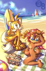 Rule 34 | abs, alcohol, animal ears, animal hands, archie comics, ass, barefoot, beach, beer, breasts, edtropolis, feet, furry, highres, nude, ocean, outdoors, sally acorn, sandals, smile, sonic (series), spread toes, sunglasses, surfboard, tail, tails (sonic), toes, water, zenra