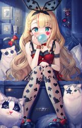Rule 34 | 1girl, akabane (zebrasmise), blonde hair, breasts, blowing bubbles, cat, cat tail, chewing gum, duplicate, fishnet pantyhose, fishnets, frills, green eyes, hairband, heart, highres, long hair, looking at viewer, mononobe alice, mononobe alice (10th costume), nijisanji, pantyhose, pixel-perfect duplicate, sitting, small breasts, solo, tail, virtual youtuber, wrist cuffs