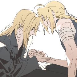 Rule 34 | 2boys, alphonse elric, bandages, black shirt, blonde hair, braid, brothers, coat, edward elric, fullmetal alchemist, holding hands, long hair, looking at another, looking down, lowres, male focus, multiple boys, oekaki, p0ckylo, shirt, siblings, simple background, sleeveless, smile, white background, yellow eyes