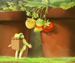 Rule 34 | 1other, basket, commentary request, day, flower pot, food, frog, from behind, fruit, full body, grass, hachiya shohei, highres, holding, holding basket, looking up, no humans, original, outdoors, plant, potted plant, strawberry, stretched limb