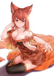 Rule 34 | 10s, 1girl, animal ears, anthuria, bare shoulders, black thighhighs, blonde hair, blush, breasts, cleavage, dress, erune, granblue fantasy, hair in own mouth, tucking hair, hana mori, highres, large breasts, long hair, looking at viewer, outstretched arms, red dress, red eyes, red hair, side slit, sitting, smile, solo, thighhighs, yokozuwari