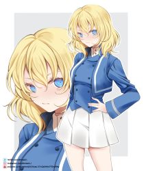 Rule 34 | 1girl, bc freedom military uniform, blonde hair, blue eyes, blue jacket, blue vest, closed mouth, commentary, dress shirt, girls und panzer, grey background, hand on own hip, high collar, highres, instagram logo, instagram username, jacket, long sleeves, looking at viewer, medium hair, messy hair, military, military uniform, miniskirt, oshida (girls und panzer), outside border, pleated skirt, sheepd, shirt, skirt, solo, standing, twitter logo, twitter username, uniform, vest, white shirt, white skirt, zoom layer