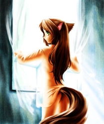 Rule 34 | 1girl, animal ears, bottomless, brown hair, dog ears, dog tail, from behind, green eyes, long hair, lowres, orange shirt, shirt, solo, tail, window