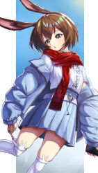 Rule 34 | 1girl, :o, absurdres, amiya (arknights), animal ear fluff, animal ear legwear, animal ears, arknights, blue eyes, blue jacket, blue skirt, brown hair, cellphone, commentary request, down jacket, feet out of frame, fringe trim, hair between eyes, heart, highres, holding, holding phone, jacket, long sleeves, looking away, looking down, off shoulder, open clothes, open jacket, parted lips, phone, pleated skirt, puffy long sleeves, puffy sleeves, rabbit ear legwear, rabbit ears, red scarf, scarf, shirahari, shirt, skirt, sleeves past wrists, solo, standing, standing on one leg, thighhighs, white shirt, white thighhighs