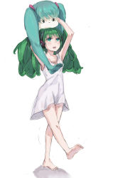 Rule 34 | 1girl, absurdres, alternate hair color, aqua eyes, arms up, barefoot, blush, breasts, character doll, doll, dress, full body, green hair, hatsune miku, highres, holding, holding doll, long hair, looking up, motion lines, open mouth, shrimp cc, simple background, sleeveless, sleeveless dress, small breasts, solo, standing, standing on one leg, vocaloid, walking, white background, white dress
