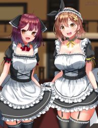 Rule 34 | 2girls, :d, apron, atelier (series), atelier ryza, atelier ryza 1, atelier sophie, black legwear, bow, braid, breasts, brown eyes, brown hair, butterfly hair ornament, cleavage, cowboy shot, detached collar, earrings, fang, garter straps, gloves, hair between eyes, hair ornament, hair ribbon, indoors, jewelry, large breasts, looking at viewer, maid, maid apron, maid headdress, medium breasts, multiple girls, open mouth, red hair, red ribbon, reisalin stout, ribbon, short hair, single braid, skin fang, smile, soba chatarou (tita), sophie neuenmuller, star (symbol), star earrings, thighhighs, white gloves, yellow bow, yellow ribbon