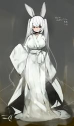 Rule 34 | 1girl, :&lt;, breasts, empty eyes, highres, japanese clothes, kimono, large breasts, looking at viewer, rabbit ears, red eyes, shirokujira, twintails, white hair, white kimono