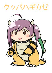 Rule 34 | 1girl, :d, ahoge, alternate costume, bowser, bowser (cosplay), brown eyes, chibi, cosplay, crossover, hagikaze (kancolle), highres, horns, kamelie, kantai collection, looking at viewer, mario (series), nintendo, open mouth, purple hair, smile, solo, translated