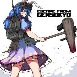 Rule 34 | 1girl, bandaid, bandaid on face, black gloves, blood, bloody weapon, blue dress, blue hair, commentary, dress, english commentary, escape from tarkov, formicid, gloves, hammer, holding, night vision, parody, red eyes, seiran (touhou), solo, star (symbol), star print, title parody, touhou, weapon, white background