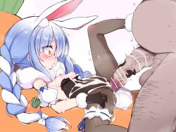Rule 34 | 1boy, 1girl, animal ear fluff, animal ears, ass, bar censor, black gloves, black leotard, black pantyhose, blue hair, blush, braid, breasts, breasts out, bridal garter, cameltoe, carrot, censored, commentary request, covered clitoris, covered navel, cum, cum in mouth, cum on body, cum on breasts, cum on clothes, cum on hair, cum on upper body, dark-skinned male, dark skin, don-chan (usada pekora), ejaculation, facial, fat, fat man, from side, fur scarf, gloves, grinding, hetero, highres, hololive, imminent penetration, imminent vaginal, interracial, leg up, legs, leotard, leotard pull, long hair, looking at another, lying, morino donguri, nipples, on back, open mouth, pantyhose, penis, rabbit ears, rabbit girl, rabbit tail, red eyes, scarf, shoes, small breasts, solo focus, spread legs, strapless, strapless leotard, tail, thighs, twin braids, twintails, usada pekora, usada pekora (1st costume), very long hair, virtual youtuber, white footwear, white scarf