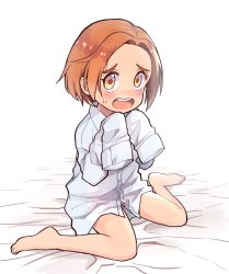 Rule 34 | 1girl, ai nige, blush, borrowed clothes, female focus, forehead, full body, highres, idolmaster, idolmaster cinderella girls, looking at viewer, on bed, open mouth, orange hair, oversized clothes, ryuzaki kaoru, short hair, sitting, sleeves past wrists, solo, sweat, sweatdrop, teeth, thick eyebrows, thighs, upper teeth only, wariza, yellow eyes