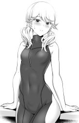 Rule 34 | 1girl, aoki kanji, bare arms, bare shoulders, blush, bodysuit, breasts, copyright request, cowboy shot, greyscale, looking at viewer, low twintails, monochrome, simple background, sitting, small breasts, solo, twintails, white background