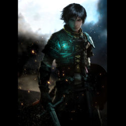 Rule 34 | 1boy, absurdres, armor, black hair, blue eyes, gloves, highres, male focus, rush sykes, shield, solo, sword, the last remnant, weapon