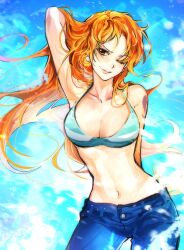Rule 34 | 1girl, arm tattoo, bikini, bikini top only, blue background, cowboy shot, denim, earrings, floating hair, hand in own hair, hashtag-only commentary, highres, jeans, jewelry, long hair, looking to the side, mxhxkxcx, nami (one piece), one eye closed, one piece, orange hair, pants, smile, solo, swimsuit, tattoo